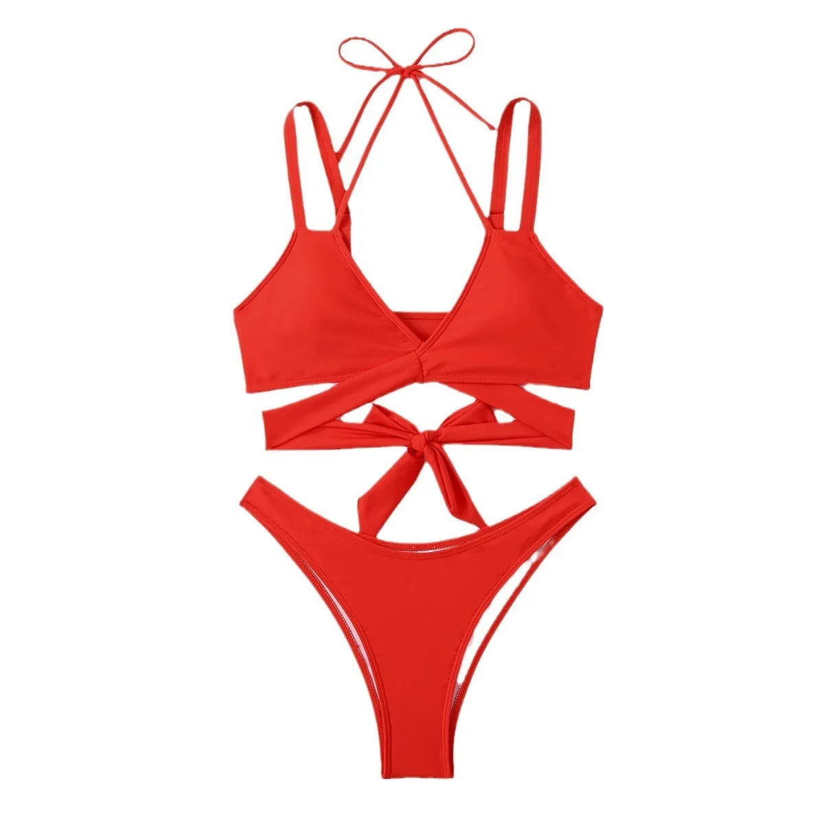 Women's solid colour bikini swimsuit with adjustable ties on the triangle top and brief bottoms.