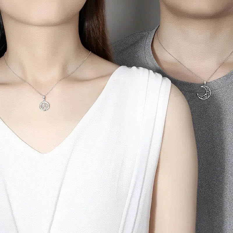 Sun and moon couple necklace set with copper pendants on cross chain