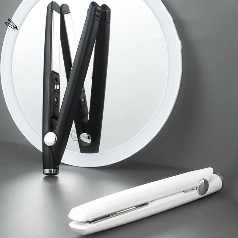 Mini USB hair curler and straightener dual-use 16W black on white background 2cm x 19cm