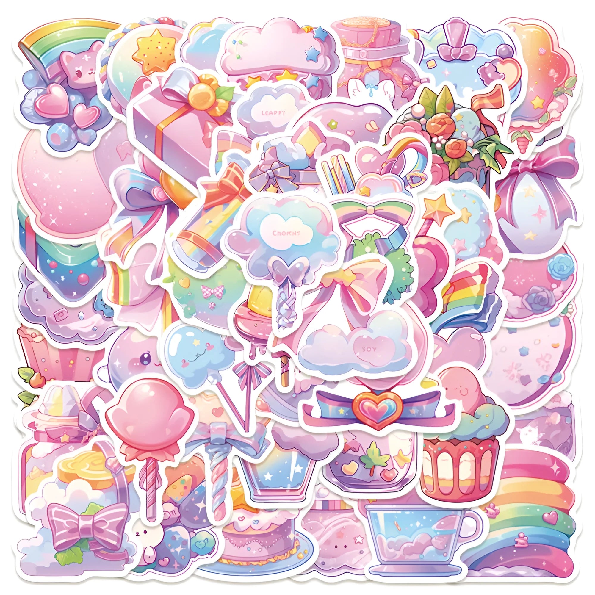 Pack of fresh candy themed cute waterproof decorative stickers, showing varied small object designs between 4 and 7 cm in size.