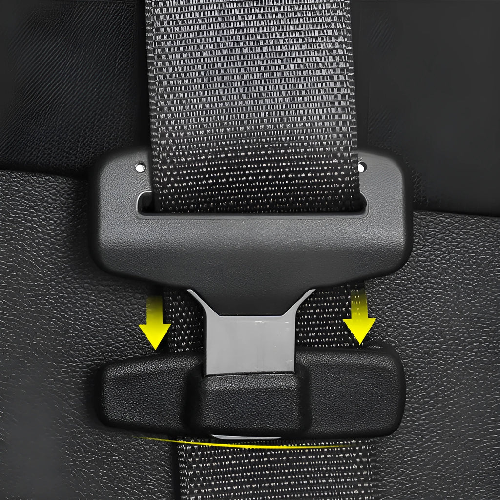 Two black ABS car safety belt stopper universal clips for seat belt adjustment, supplied in OPP bag