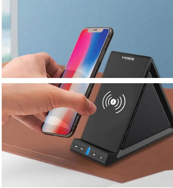 Black multifunctional Bluetooth speaker with integrated mobile phone stand and wireless charging capability