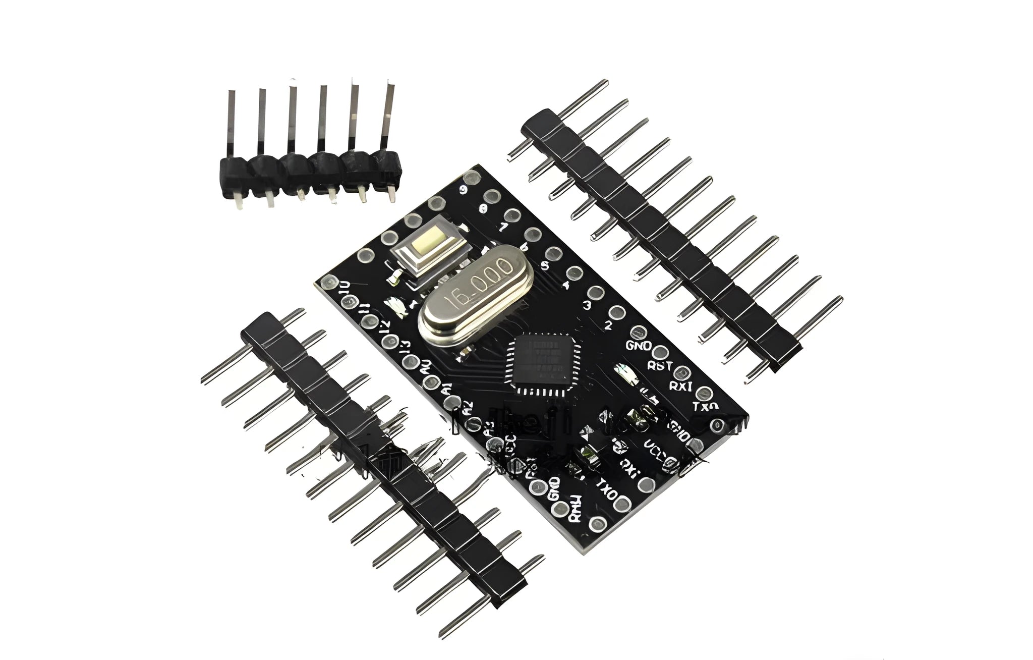 ATMEGA328P microcontroller development board measuring 33.3mm by 18.0mm with pin headers