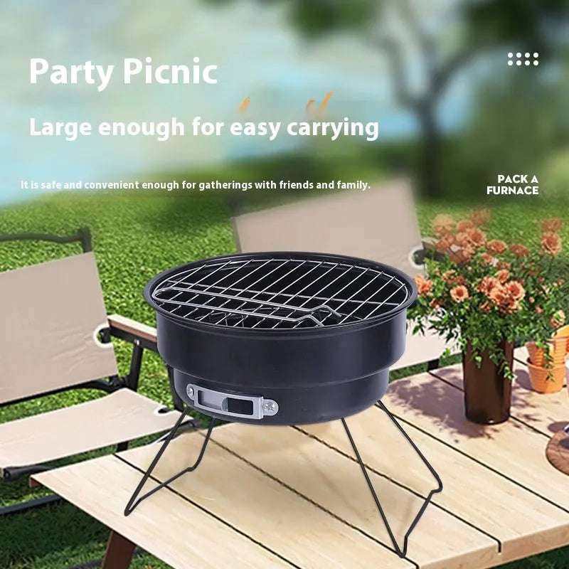 Small round folding ice stove with grill, leg, clip, and storage bag for portable outdoor cooking.