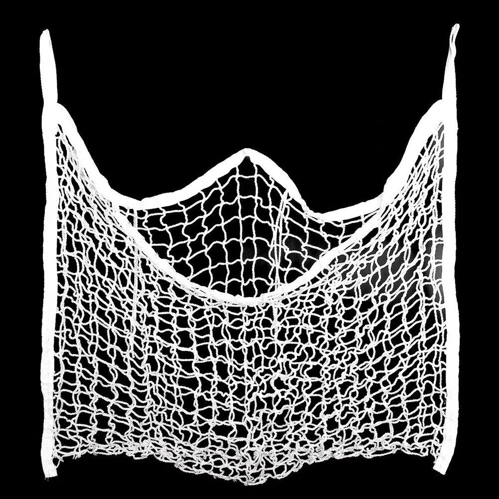 Black woven PE rope hanging feeding bag with grid mesh, sized for a horse.