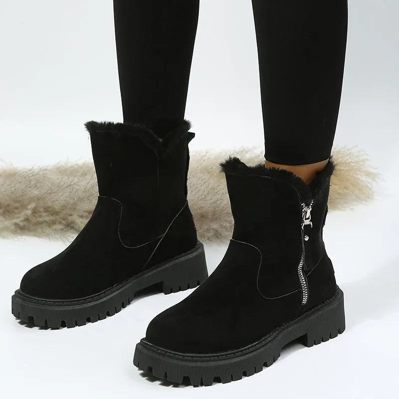 Women's black thick plush high-top snow boot with side zip and non-slip rubber sole.