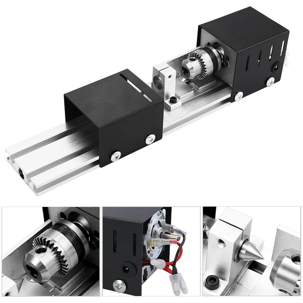 Mini silver metal woodworking lathe with carving knives on benchtop