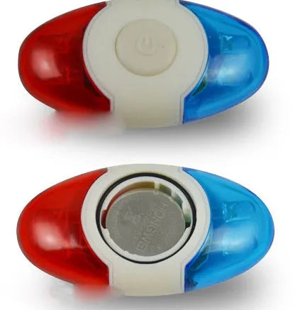 Red and blue dual-colour bicycle tail light with four LED beads on an adjustable mounting bracket.