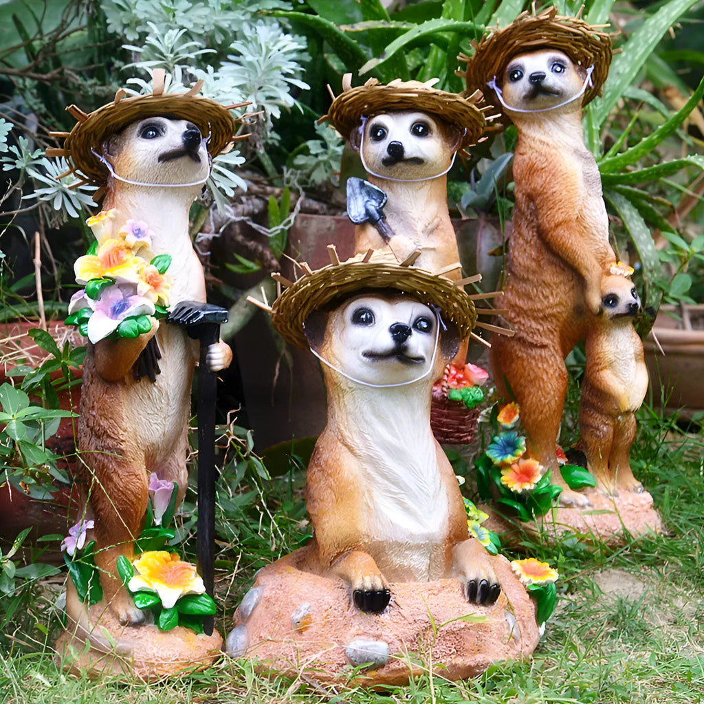 Plastic resin mongoose ornaments with straw hats for garden decoration in yellow brown colour