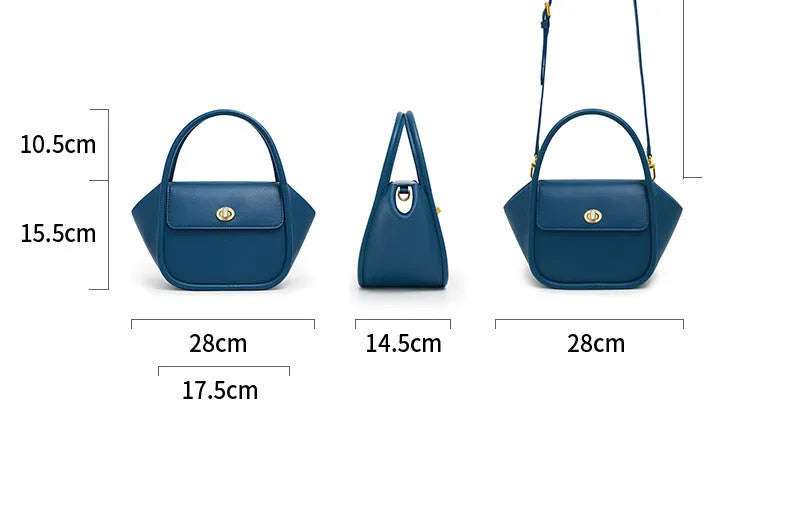 Women's wing-shaped cow leather tote handbag with a buckle closure in a choice of four colours.