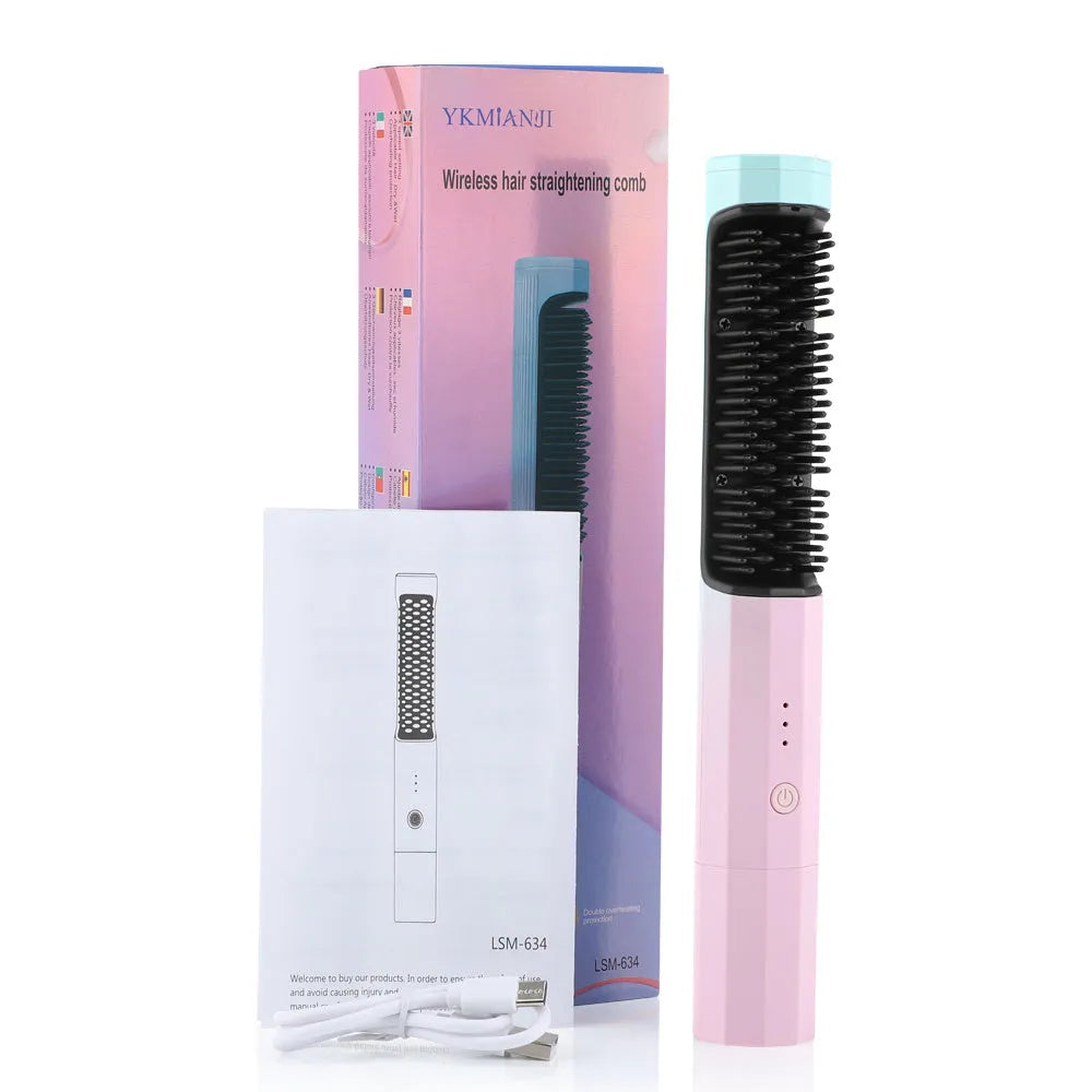 Cordless straightening comb in pink with USB charging cable, compact 23 cm size, 4000mAh battery, anti-scalding design