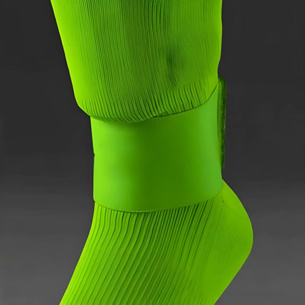 Elastic rubber strap for securing football shin guards, shown in blue colour.