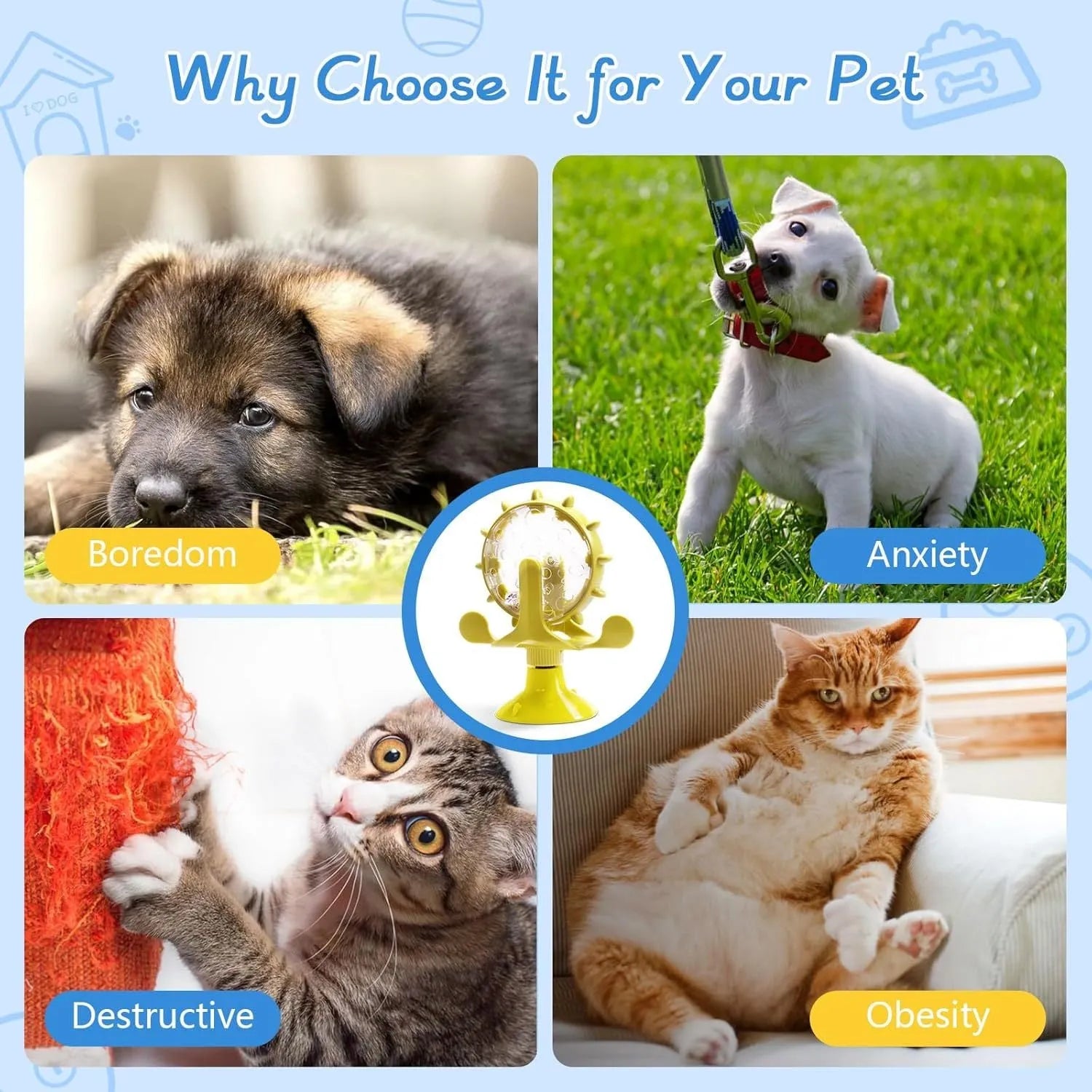 Interactive pet spinner toy with food dispenser holes and floor sucker base for cats and small medium dogs