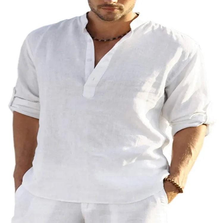 Men's solid colour cotton linen long sleeve shirt with stand collar and button-down front.