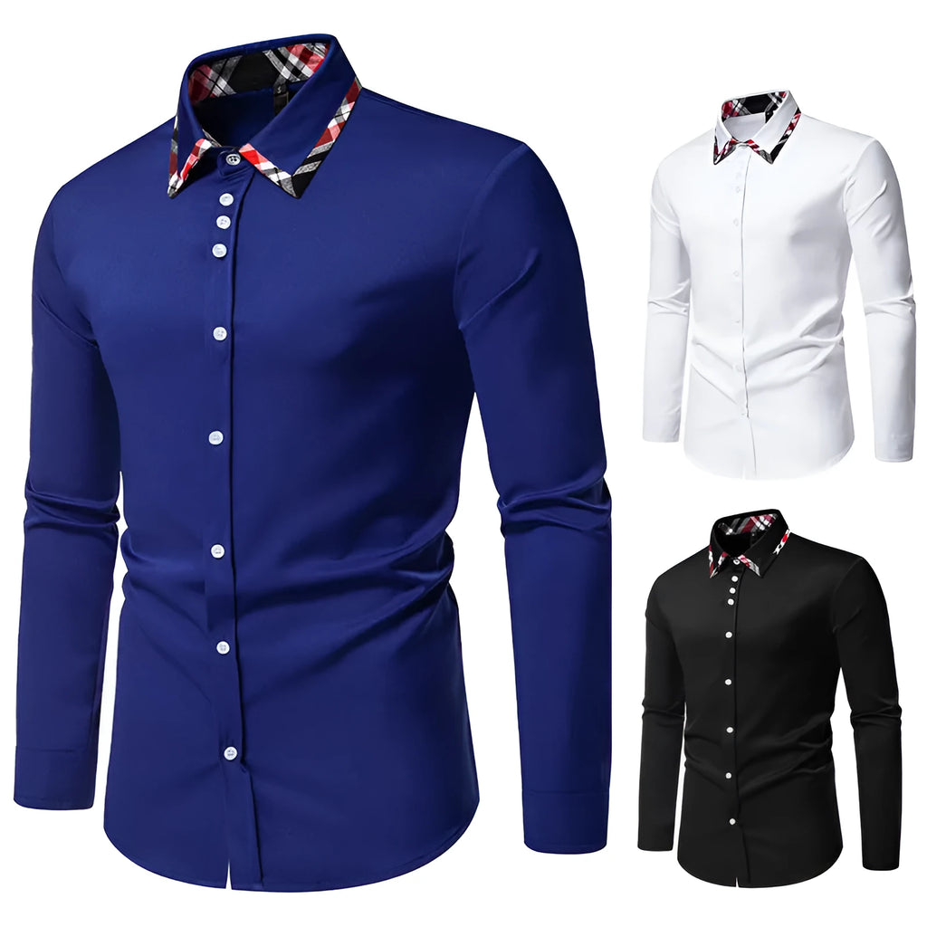 Men's blue plaid long sleeve shirt with a white contrast triangle collar, cardigan style