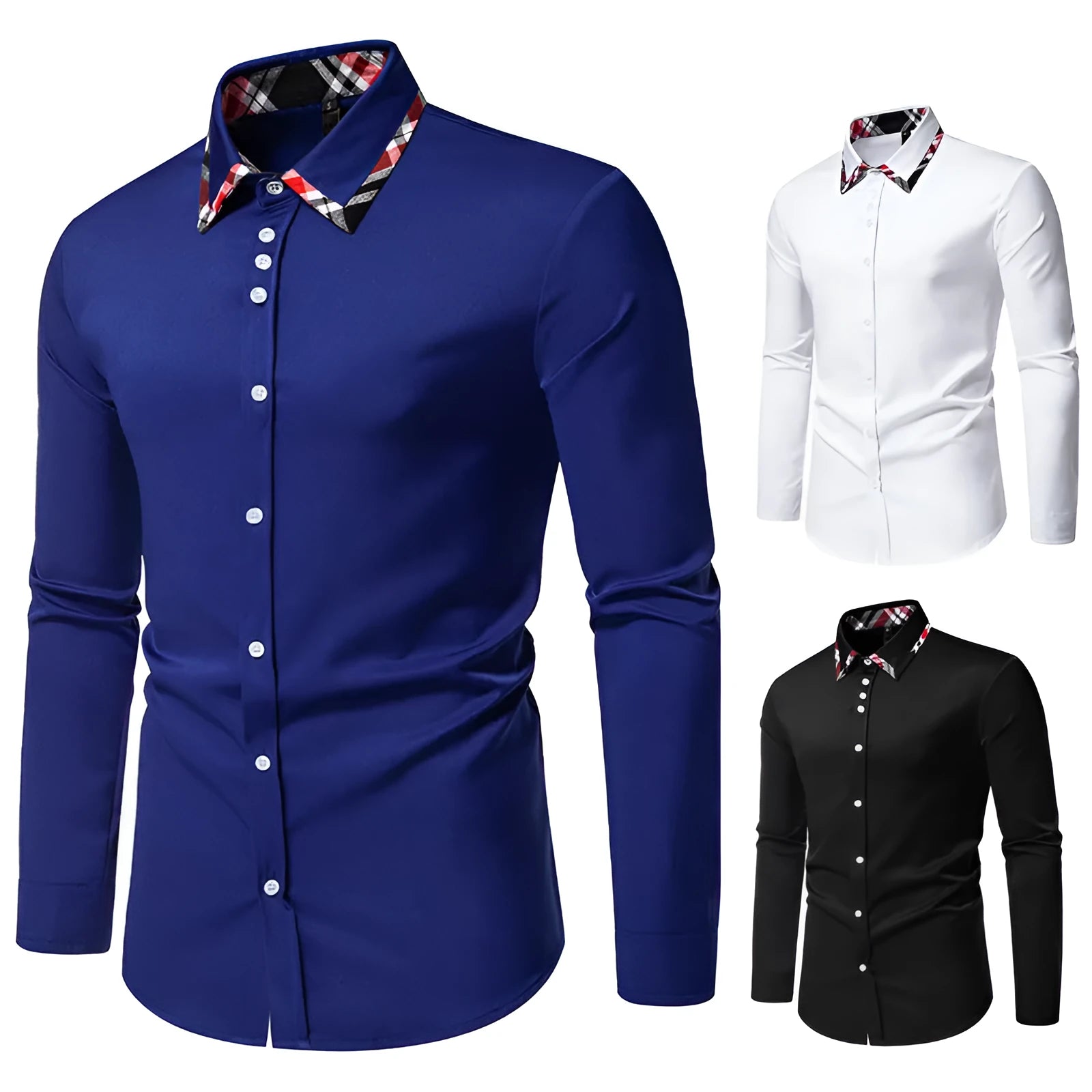 Men's blue plaid long sleeve shirt with a white contrast triangle collar, cardigan style