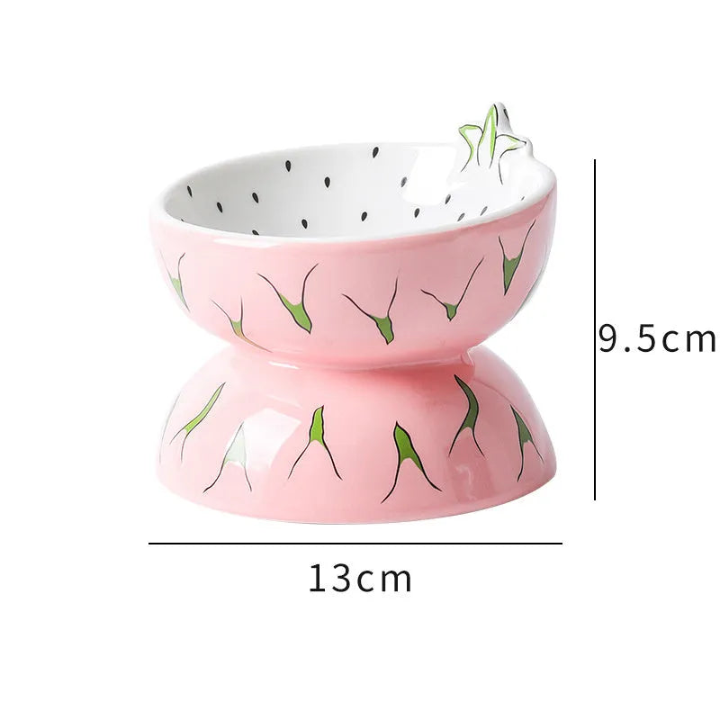Ceramic raised cat bowl with tilted design in orange, pitaya, or watermelon pattern