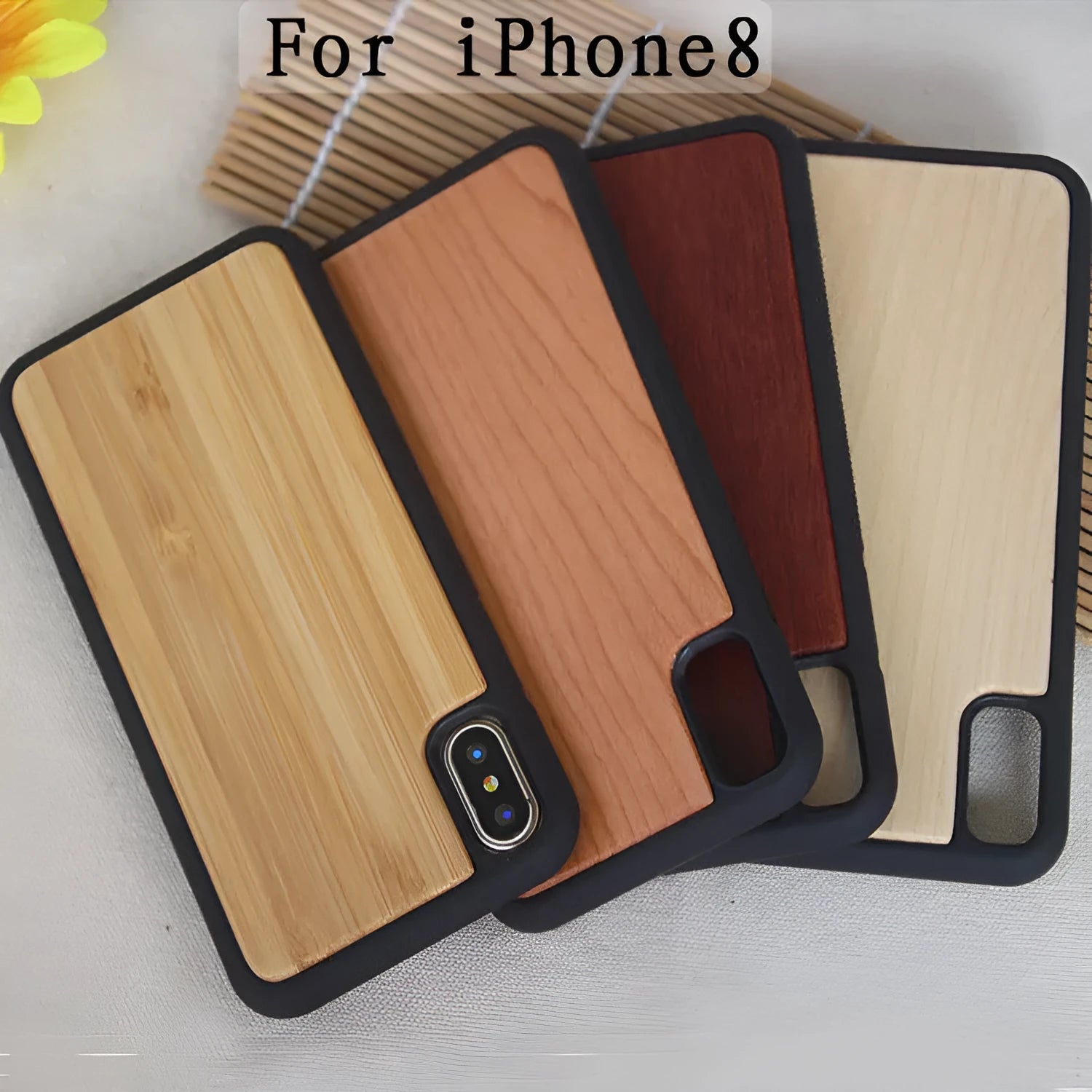 Wooden iPhone case with carbonised bamboo back and TPU plastic bumper in five wood finish options
