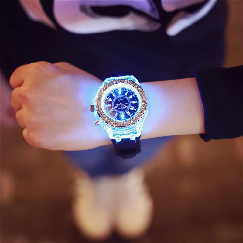 Women's LED luminous quartz watch with round dial and silicone strap in multiple colour options
