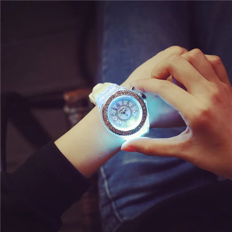 Women's LED luminous quartz watch with round dial and silicone strap in multiple colour options