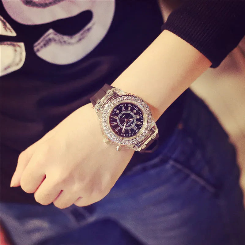 Women's LED luminous quartz watch with round dial and silicone strap in multiple colour options