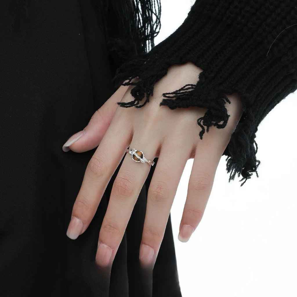 Women's adjustable Saturn tiger's eye open ring with white gold electroplating on silver