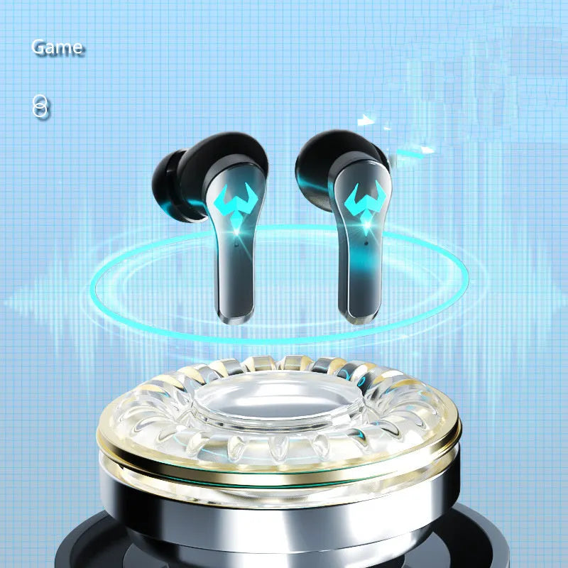 Black wireless in-ear sports headset with stereo earplugs for gaming and calls.