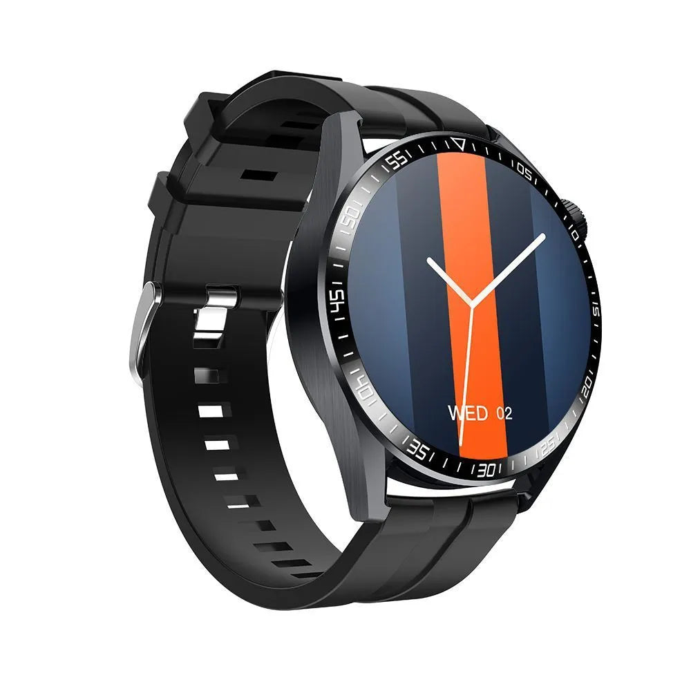 GS3 Max black smartwatch with silicone strap showing health stats on its IPS screen