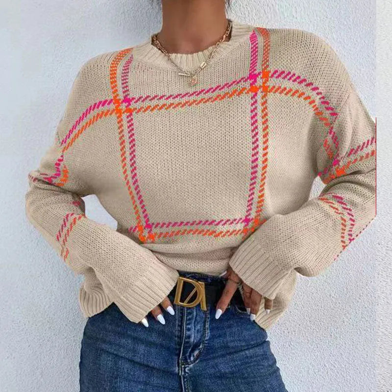 Women's loose fit plaid colour-block acrylic sweater with crew neck and regular sleeves