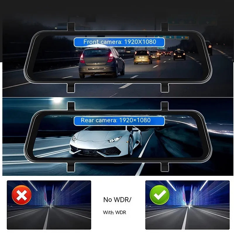 Black 9.66-inch touch screen car GPS navigation with dual cameras and DVR loop video