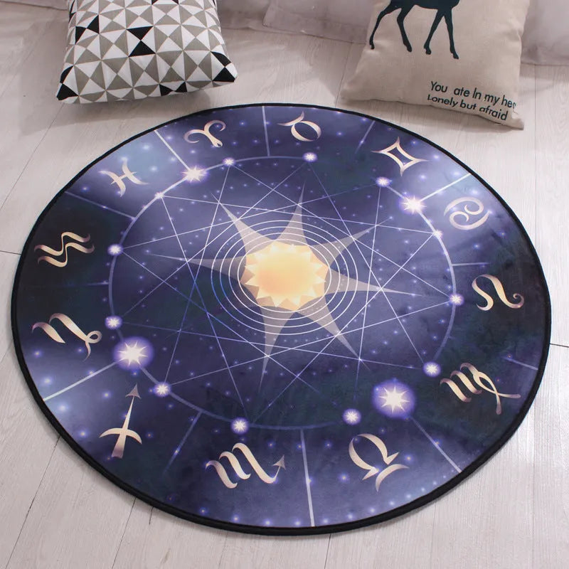 Round polyester fibre door mat with non-slip backing, water-absorbing surface, and printed car design in a home entrance