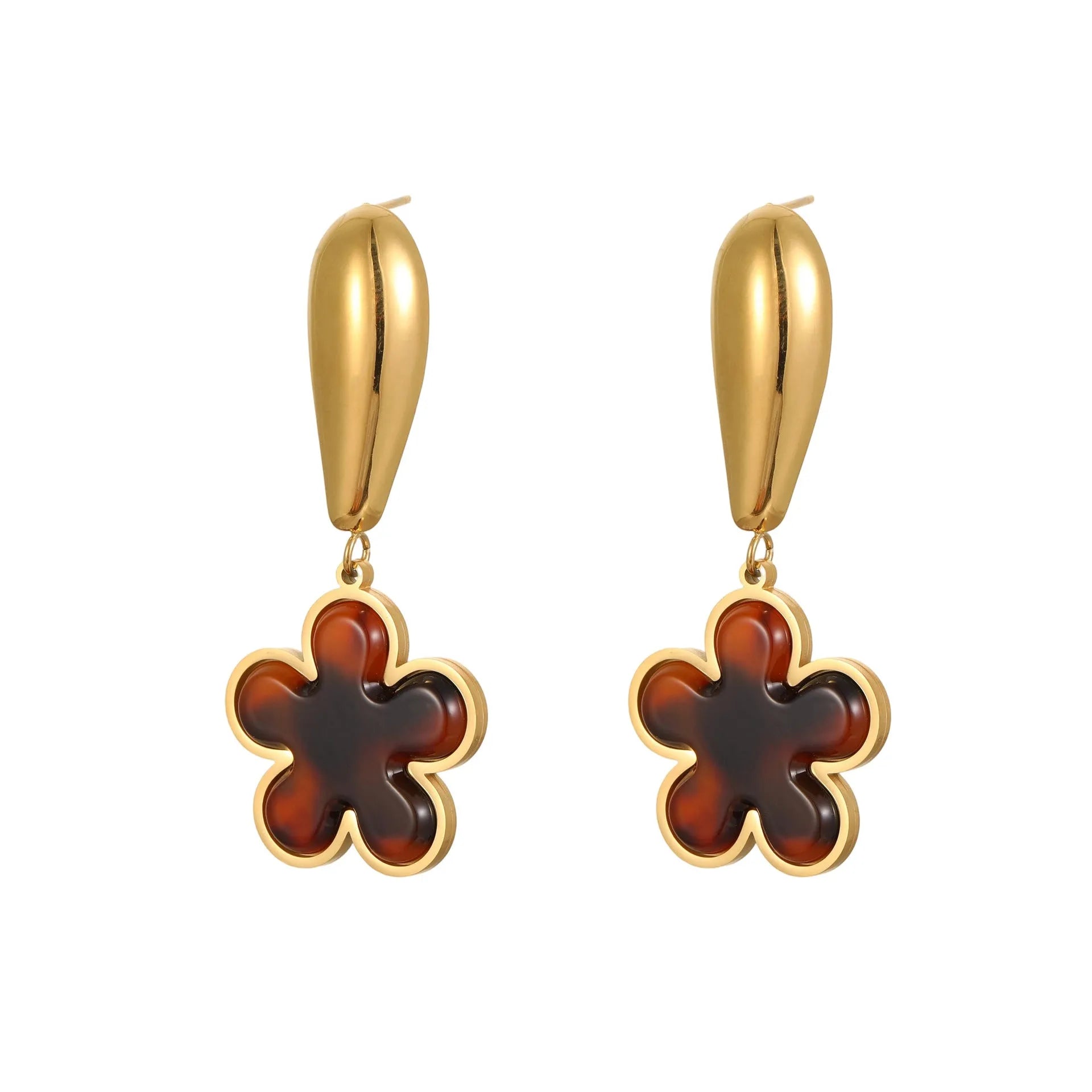 Tortoiseshell resin hawksbill colour earrings with 18K gold electroplating in heart-shaped and flower geometric designs