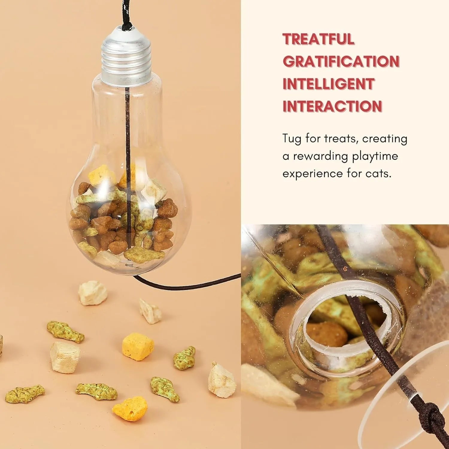 Gray creative interactive cat toy hanging on door frame with treat-dispenser bulb and dangling mouse toy