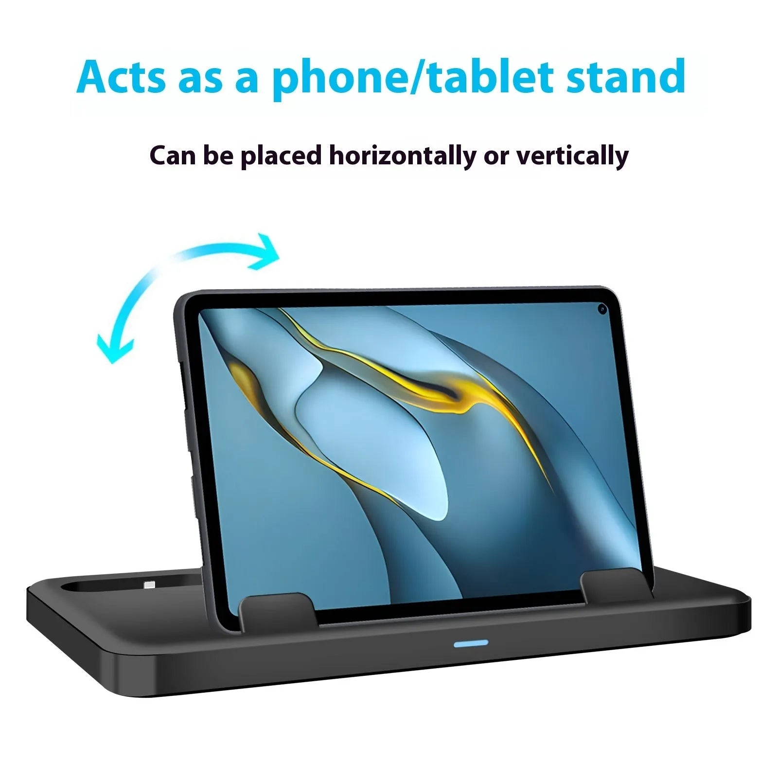 Three-in-one charging base for mobile phone and tablet, black ABS, with devices placed in the stand