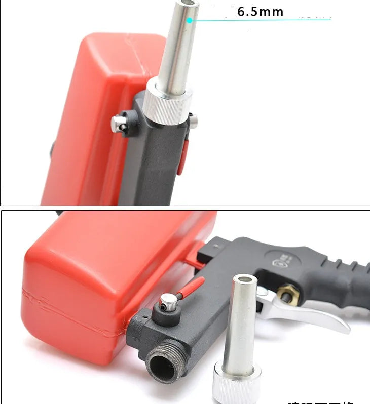 Small black and blue gravity feed pneumatic sandblasting gun with nozzle.