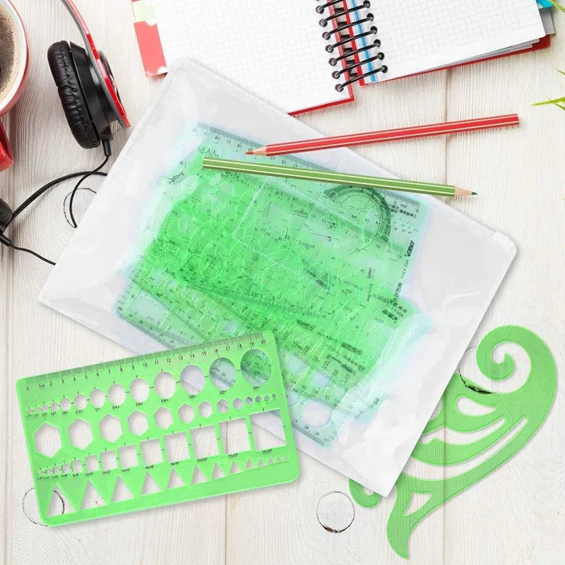 Clear green plastic geometric drawing templates set with eleven pieces and poly zipper envelope on white background
