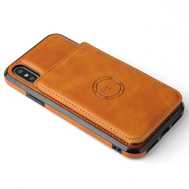Imitation leather card wallet phone case for iPhone 11 in various colours showing business-style solid design.