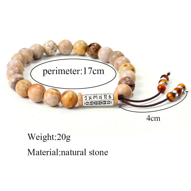 Wood colour stone bead bracelet with handmade construction on wrist