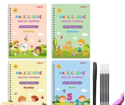Children's groove magic practice book for English calligraphy with double-sided notched pages and ten pen refills
