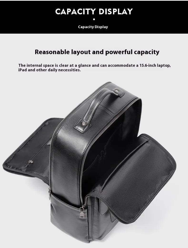 Men's black genuine leather computer backpack with woven detailing and physiological curve back plate