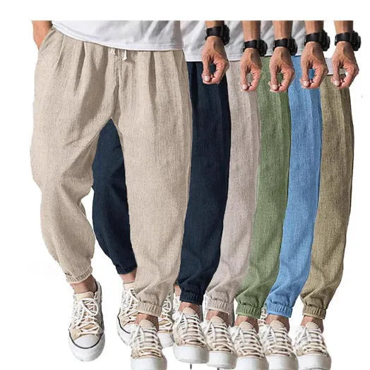 Men's casual loose cotton ankle banded trousers in khaki, summer style with elasticated waist