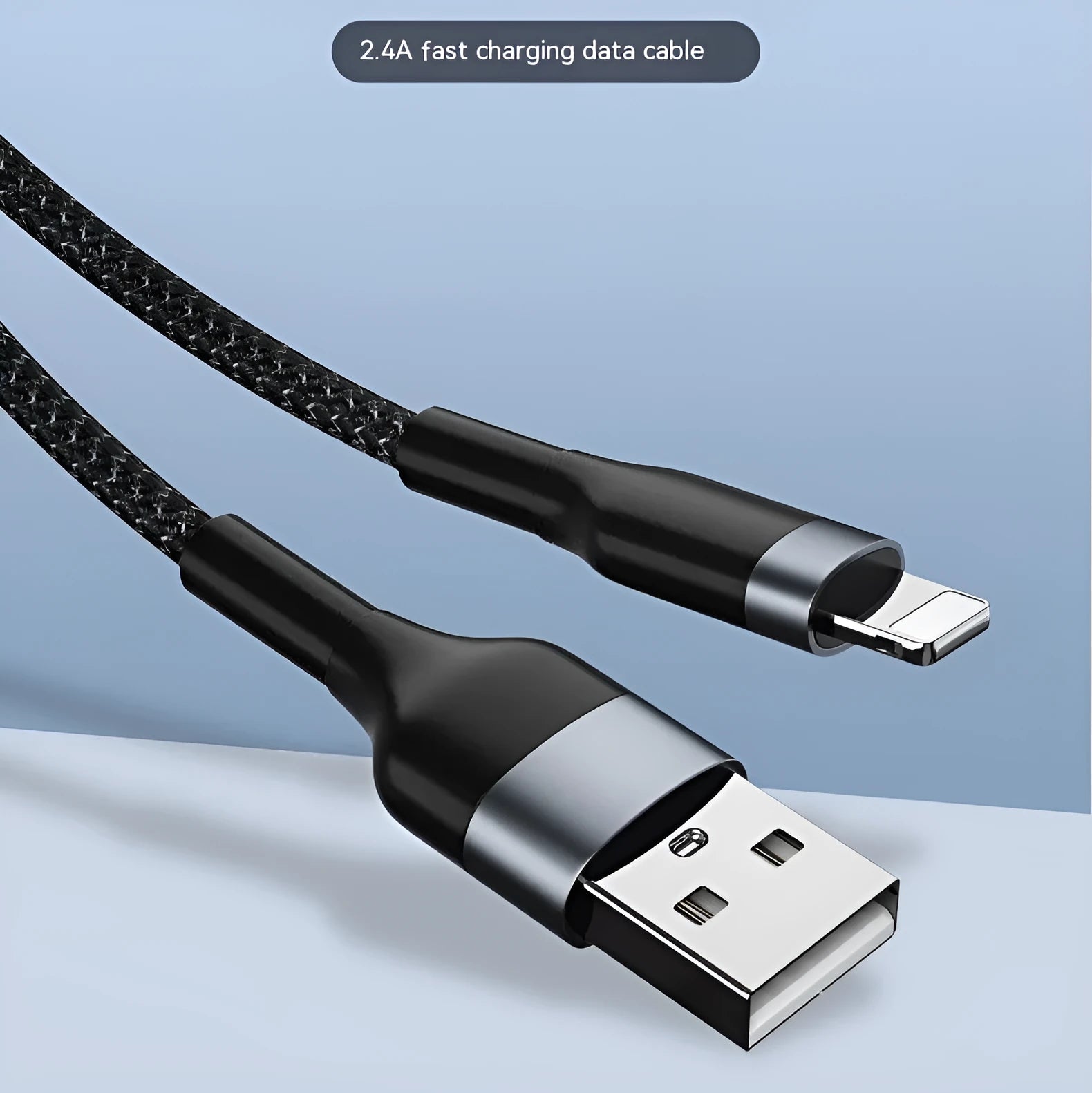 Braided fast charge data cable 2m in black with Type-C connector on a white background