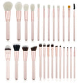 26 pink makeup brushes with wooden handles displayed in a PU storage case.