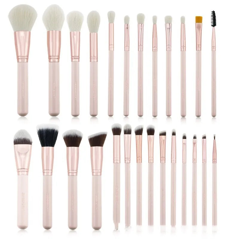 26 pink makeup brushes with wooden handles displayed in a PU storage case.