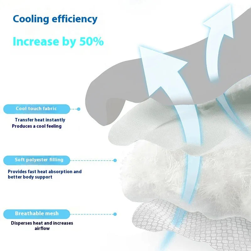 Ice silk dog cooling mat with dog head shaped design in light grey on a wooden floor.