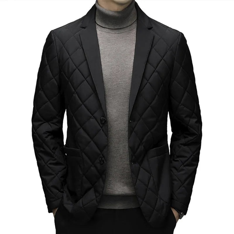 Men's solid colour down jacket with cardigan lapel and side seam pockets in winter setting