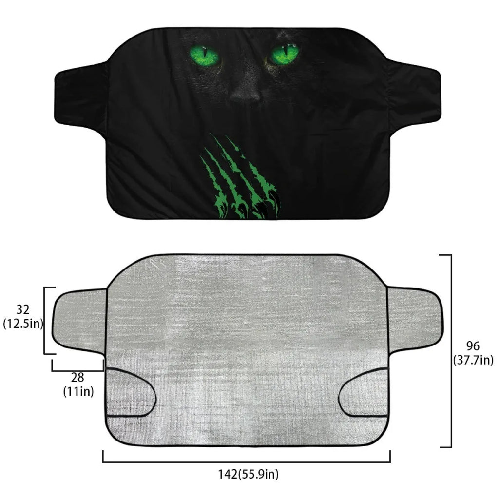 Car front snow protection cover made from silver aluminium foam polyester fabric with black lanyard installation system