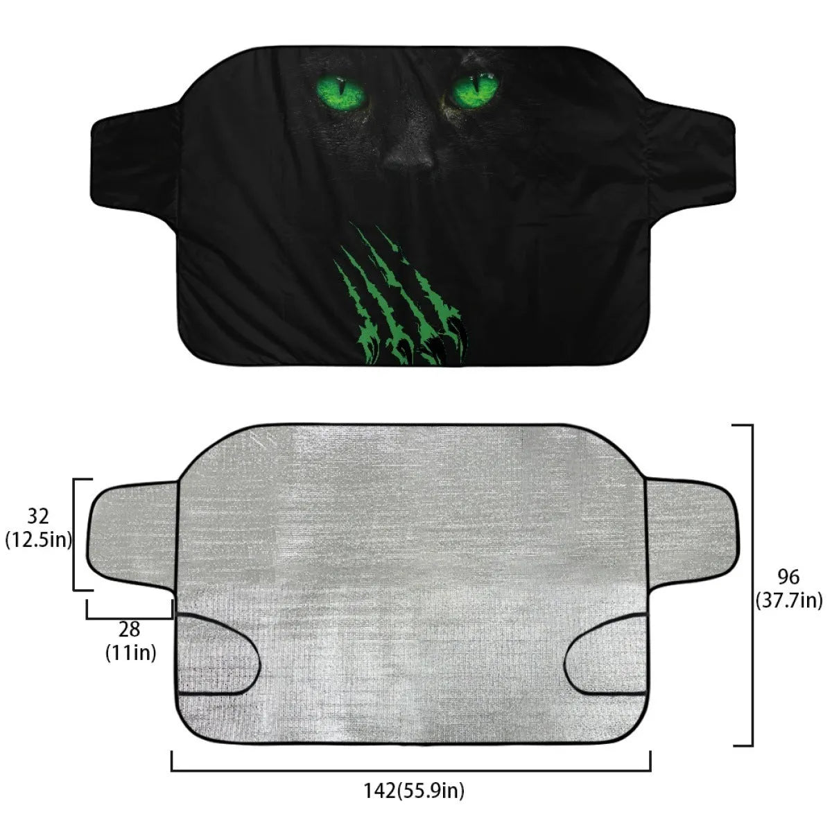 Car front snow protection cover made from silver aluminium foam polyester fabric with black lanyard installation system