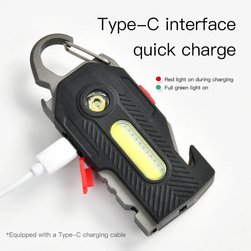 Multifunctional charging emergency light in black with COB and LED panels, mountaineering buckle, and bottle opener