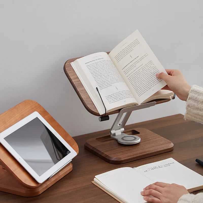 Black walnut solid wood adjustable rotating reading rack holding an iPad on a desk
